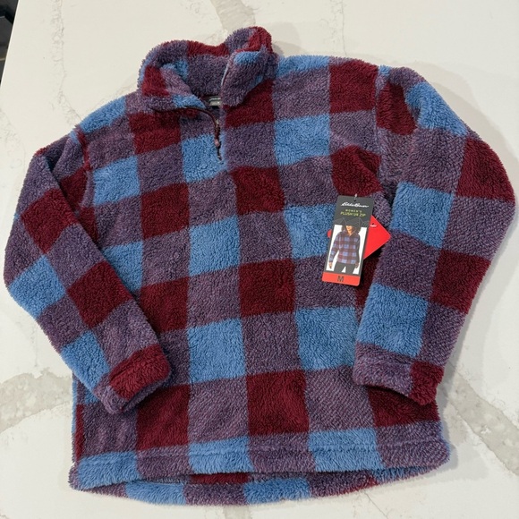 Eddie Bauer NWT Plush 1/4 Zip Pullover Sweatshirt Women’s Medium Blue/Red Plaid - Picture 2 of 6